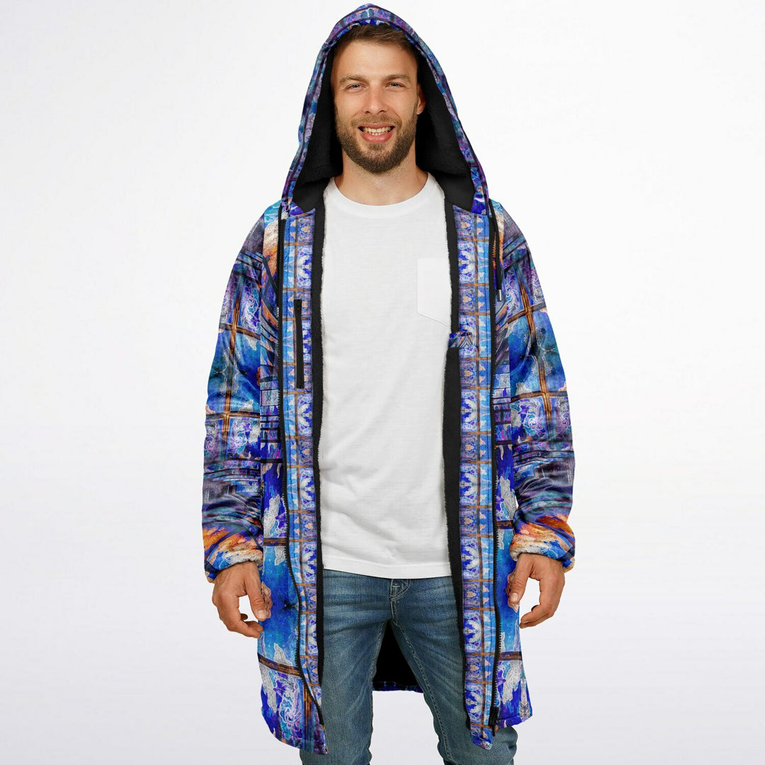 Transcendence Cuddle Coat | Unisex Minky Sherpa Lined Coat with Hood, Zipper and Pockets | Women and Mens Festival Coat | Mountain Fashion