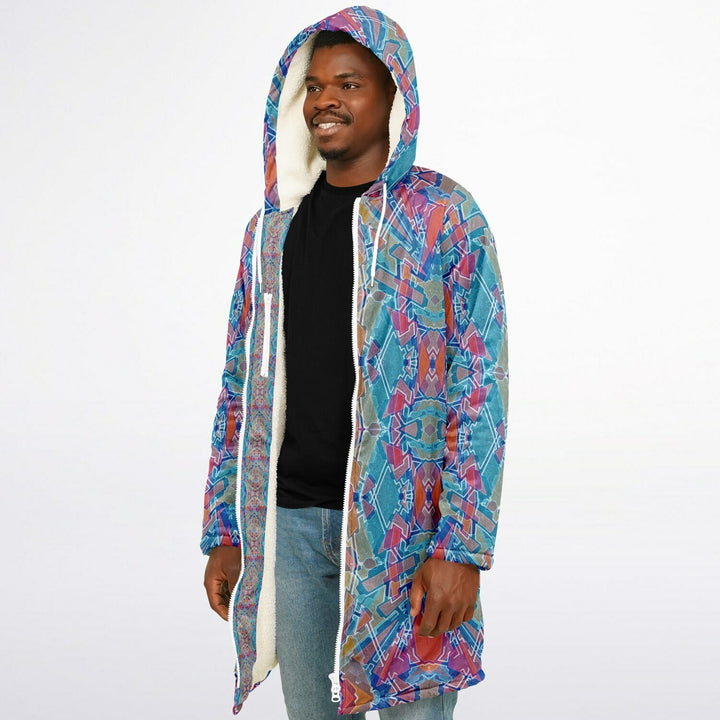 Electric Totem Cuddle Coat | Unisex Minky Sherpa Lined Coat with Hood, Zipper and Pockets | Women and Mens Festival Coat | Mountain Fashion