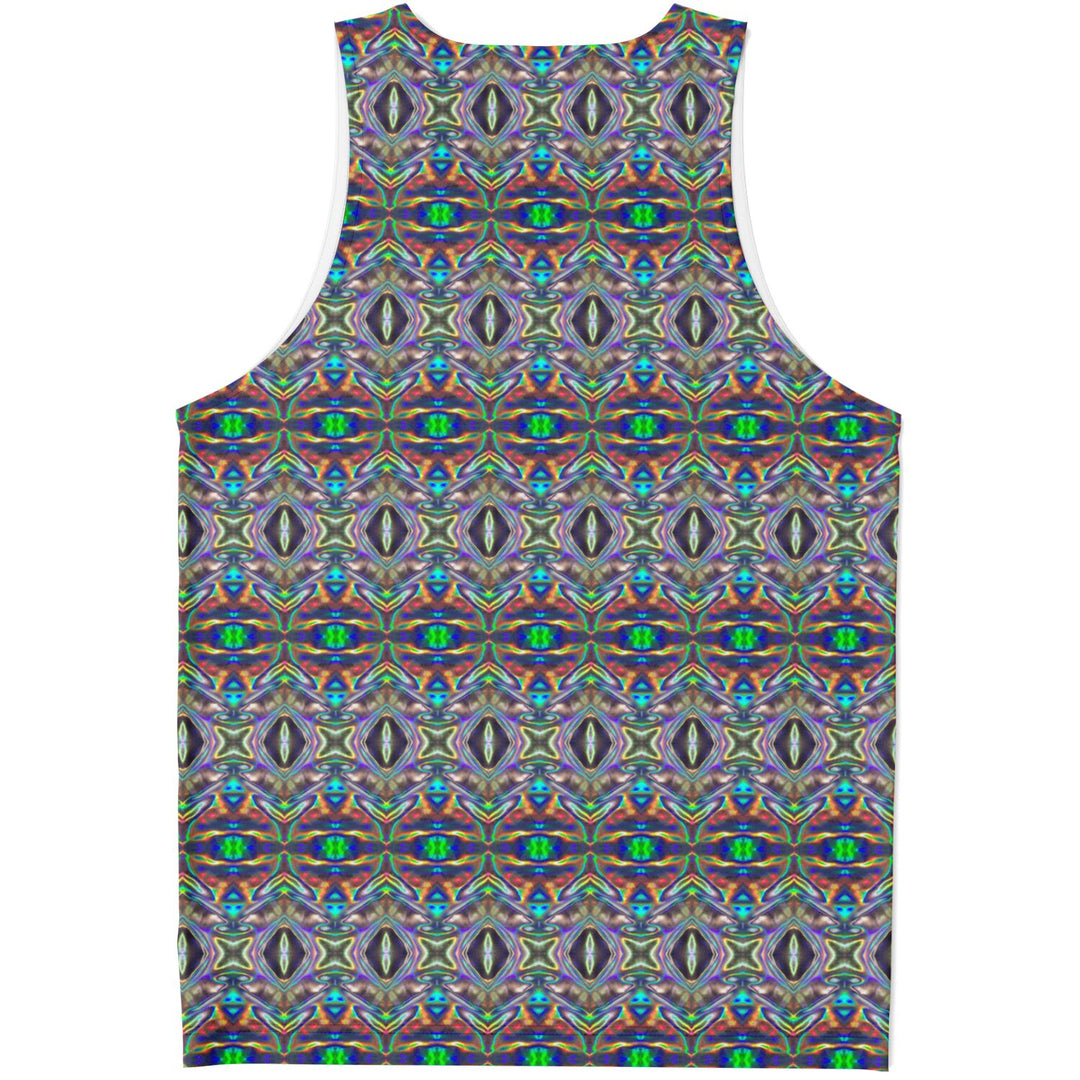 Holographic Print Tank Top – Trippy Geometric Festival Shirt with Optical Illusion Pattern