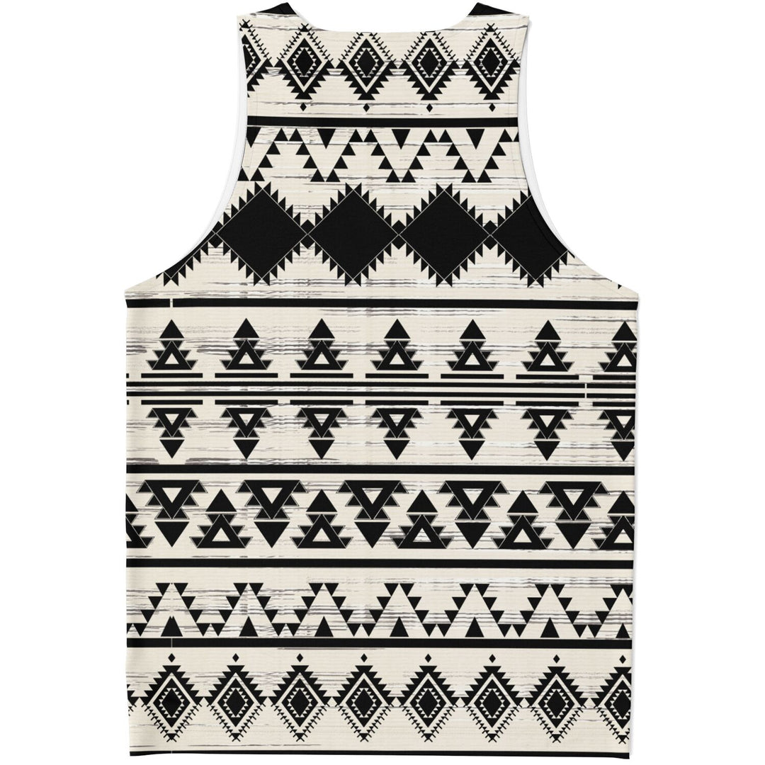 Hawk Eye Tribal Tank Top – Geometric Festival Shirt with Black &amp; Ivory Pattern