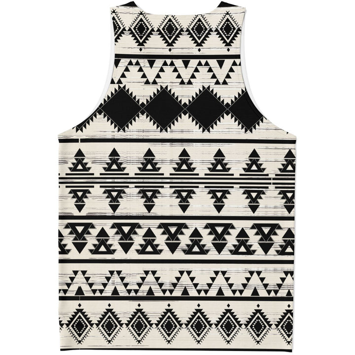 Hawk Eye Tribal Tank Top – Geometric Festival Shirt with Black &amp; Ivory Pattern