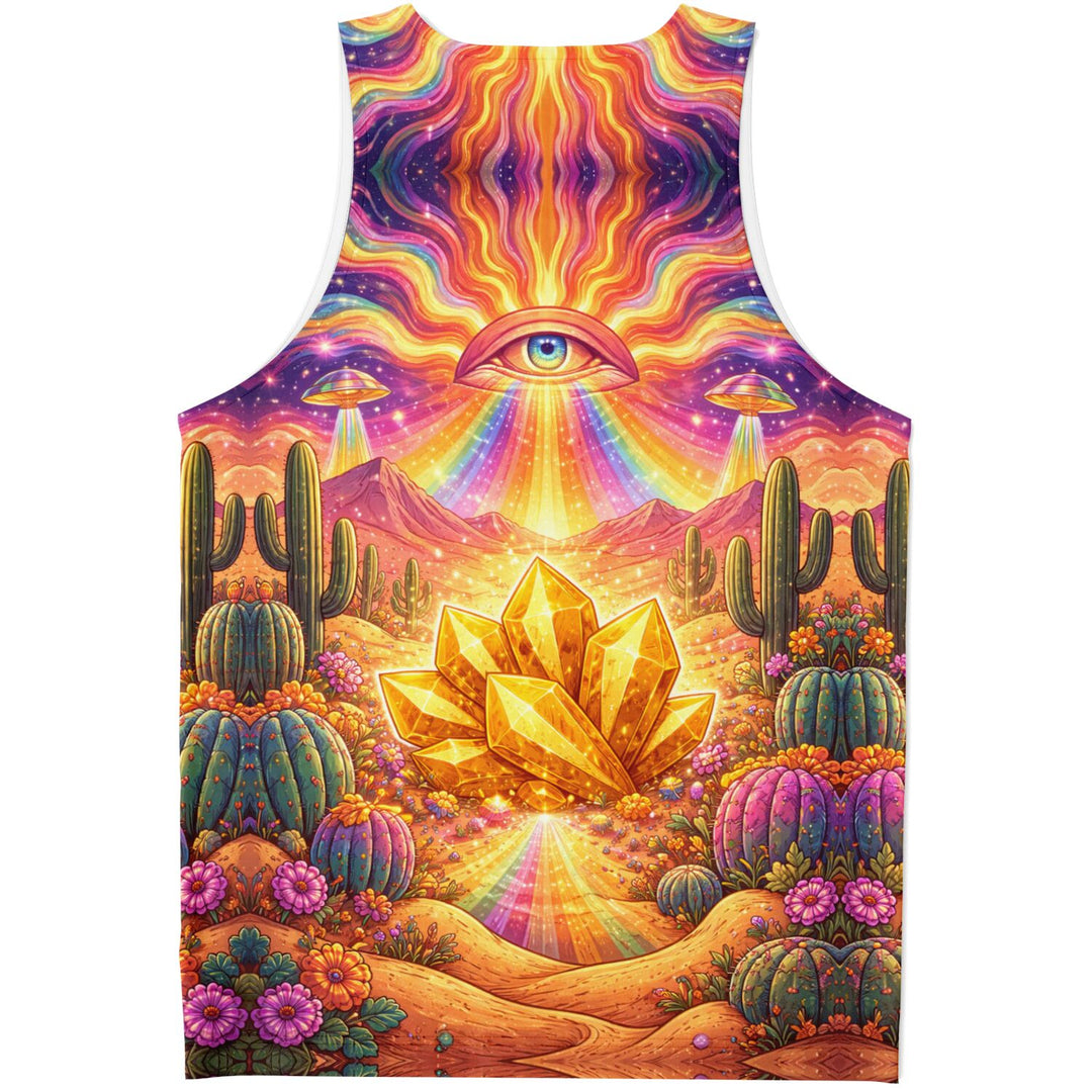 Psychedelic Desert Eye Tank Top – Festival Rave Shirt with Gold Crystal &amp; Cosmic Print