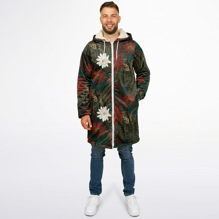 Desert Flowers Carpet Cuddle Coat | Green Red | Unisex Minky Sherpa Lined Coat with Hood, Zipper and Pockets | Women and Mens Festival Coat | Mountain Fashion