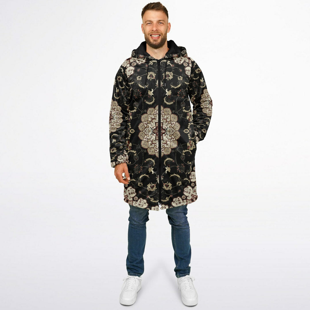 Classic Black Persian Carpet Cuddle Coat | Unisex Minky Sherpa Lined Coat with Hood, Zipper and Pockets | Women and Mens Festival Coat | Mountain Fashion