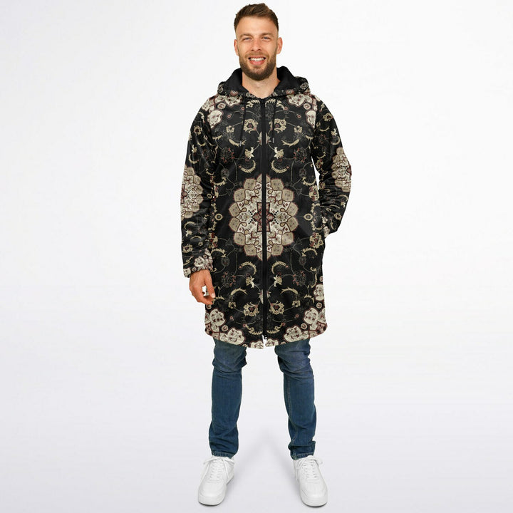 Classic Black Persian Carpet Cuddle Coat | Unisex Minky Sherpa Lined Coat with Hood, Zipper and Pockets | Women and Mens Festival Coat | Mountain Fashion