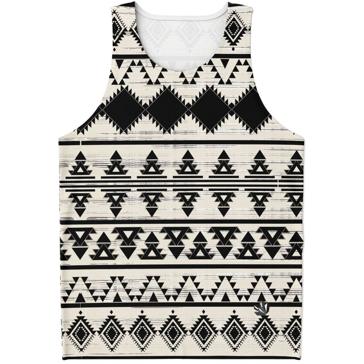 Hawk Eye Tribal Tank Top – Geometric Festival Shirt with Black &amp; Ivory Pattern