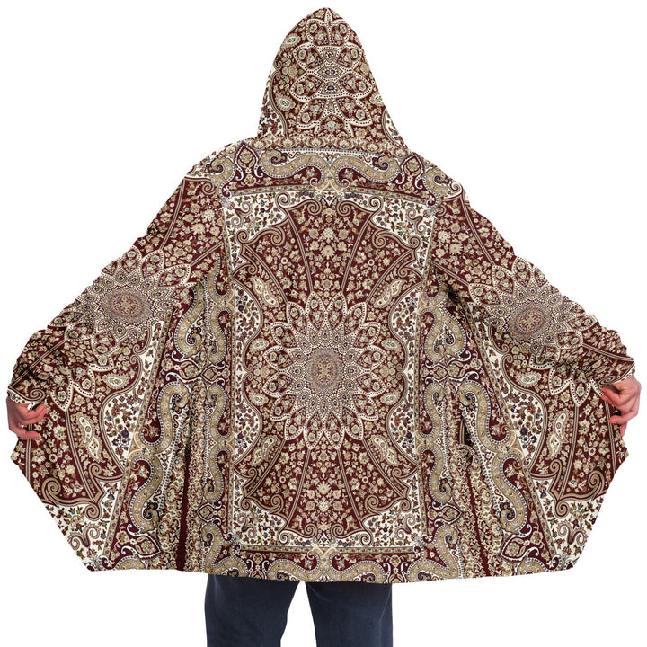 Classic Red Persian Carpet Cuddle Cloak | Unisex Minky Sherpa Lined Hooded Coat | Women and Mens Festival Coat | Mountain Fashion