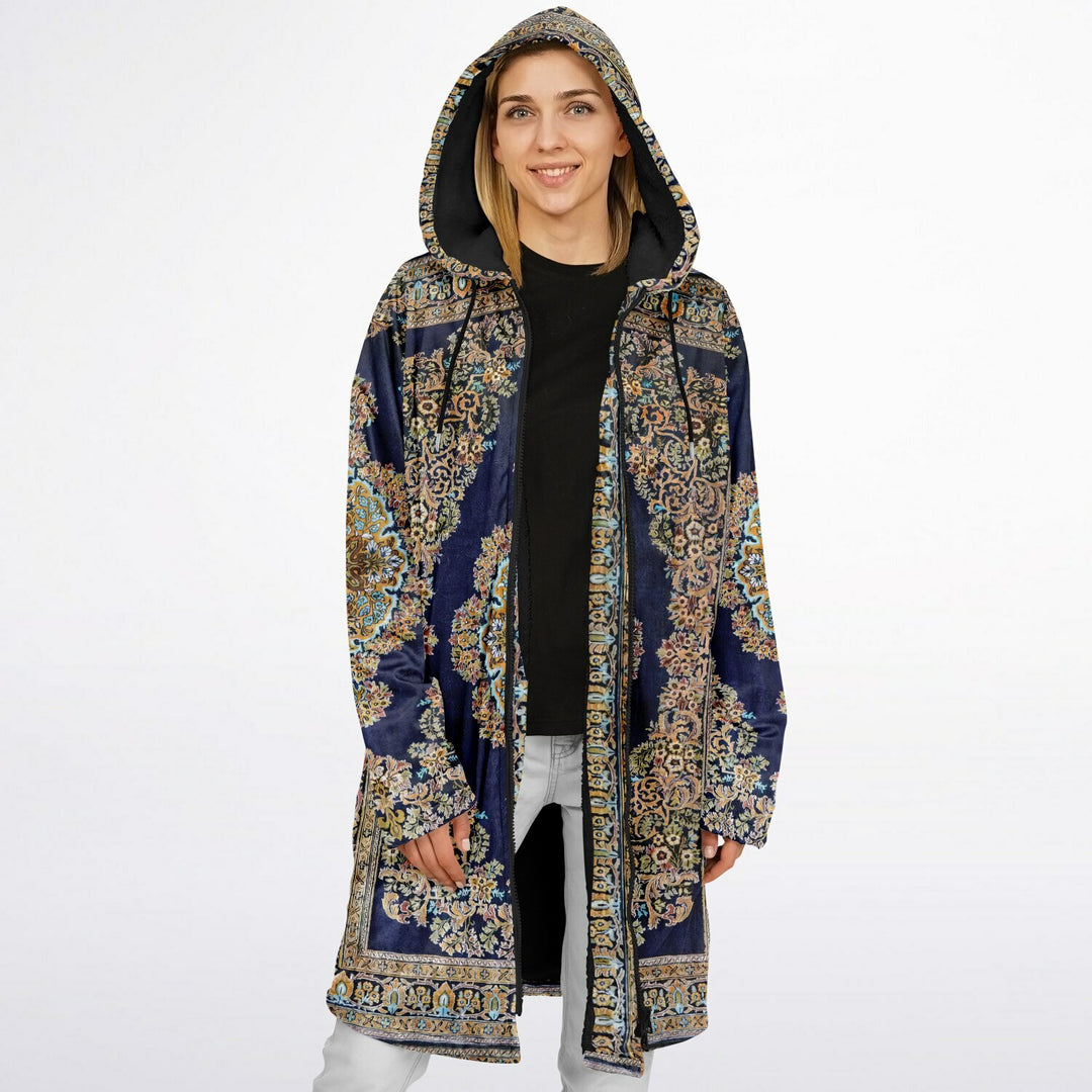 Classic Persian Cuddle Coat | Qom, Blue and Gold | Unisex Minky Sherpa Lined Coat with Hood, Zipper and Pockets | Women and Mens Festival Coat | Mountain Fashion