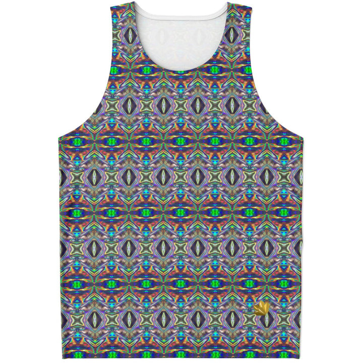Holographic Print Tank Top – Trippy Geometric Festival Shirt with Optical Illusion Pattern