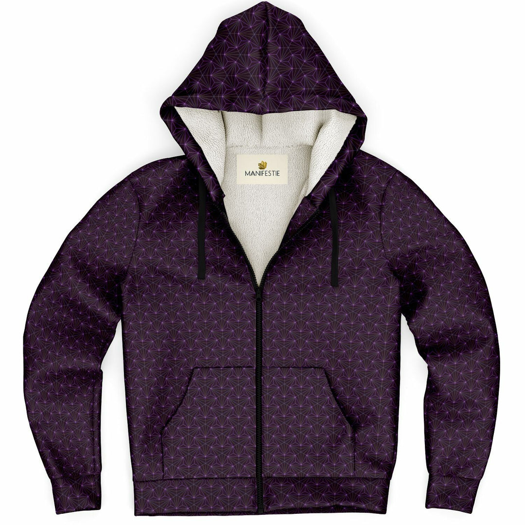 Amethyst Sacred Geometry Sherpa Zip Hoodie | Cozy Festival Hoodie with Microfleece Lining | Manifestie