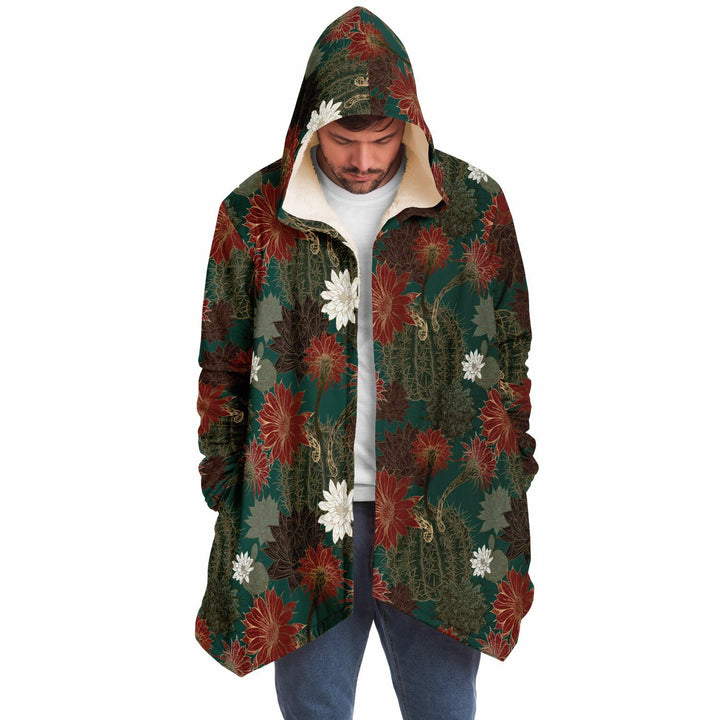 Desert Flowers Cuddle Cloak | Green Red | Unisex Minky Sherpa Lined Hooded Coat | Women and Mens Festival Coat | Mountain Fashion