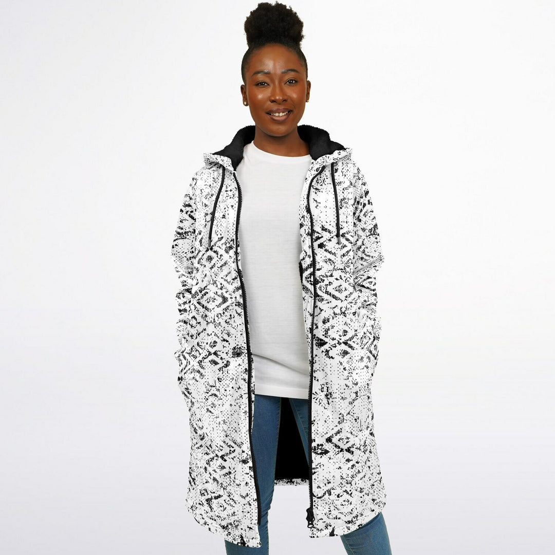 Tribal Fade Cuddle Coat |  Black White | Unisex Minky Sherpa Lined Coat with Hood, Zipper and Pockets | Women and Mens Festival Coat | Mountain Fashion