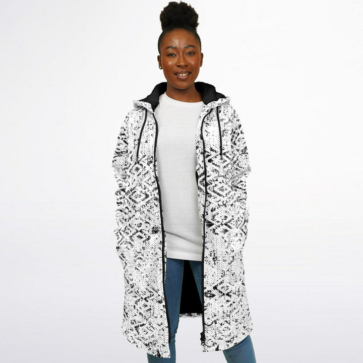 Tribal Fade Cuddle Coat |  Black White | Unisex Minky Sherpa Lined Coat with Hood, Zipper and Pockets | Women and Mens Festival Coat | Mountain Fashion