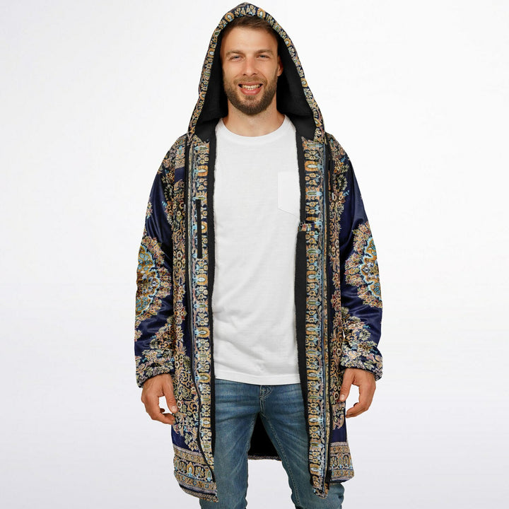 Classic Persian Cuddle Coat | Qom, Blue and Gold | Unisex Minky Sherpa Lined Coat with Hood, Zipper and Pockets | Women and Mens Festival Coat | Mountain Fashion
