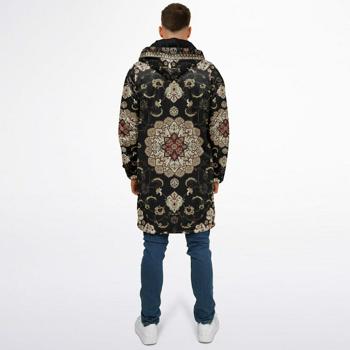 Classic Black Persian Carpet Cuddle Coat | Unisex Minky Sherpa Lined Coat with Hood, Zipper and Pockets | Women and Mens Festival Coat | Mountain Fashion