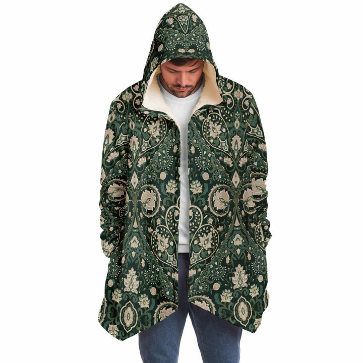 Green Persian Carpet Cuddle Cloak | Unisex Minky Sherpa Lined Coat with Hood, Zipper and Pockets | Women and Mens Festival Coat | Mountain Fashion