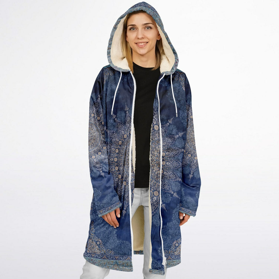 Radial Blue Persian Carpet Cuddle Coat | Unisex Minky Sherpa Lined Coat with Hood, Zipper and Pockets | Women and Mens Festival Coat | Mountain Fashion