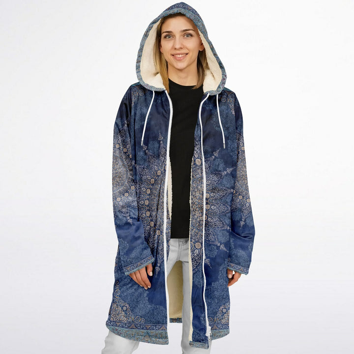 Radial Blue Persian Carpet Cuddle Coat | Unisex Minky Sherpa Lined Coat with Hood, Zipper and Pockets | Women and Mens Festival Coat | Mountain Fashion