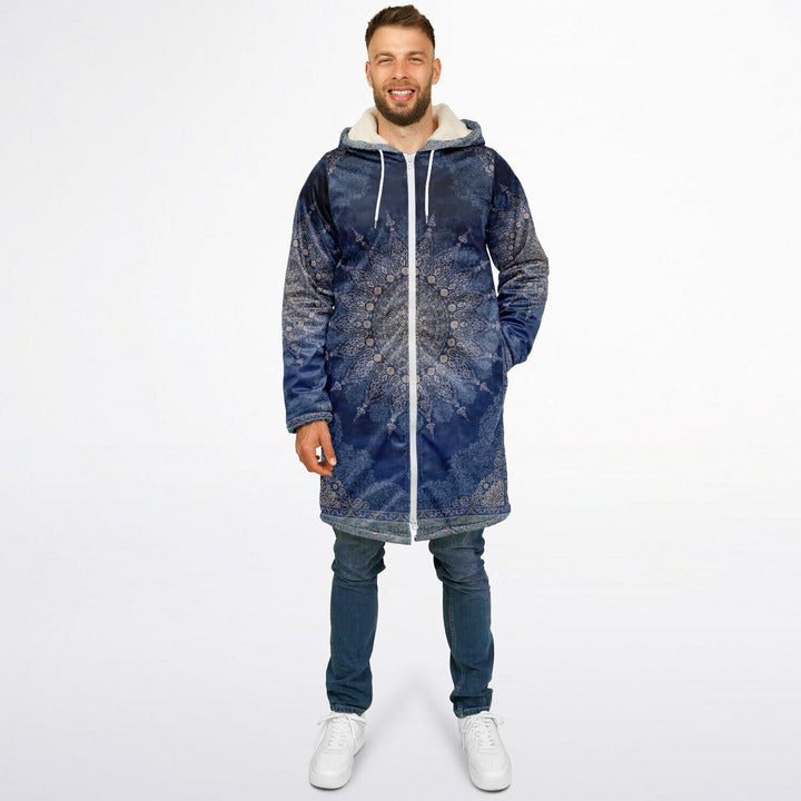 Radial Blue Persian Carpet Cuddle Coat | Unisex Minky Sherpa Lined Coat with Hood, Zipper and Pockets | Women and Mens Festival Coat | Mountain Fashion