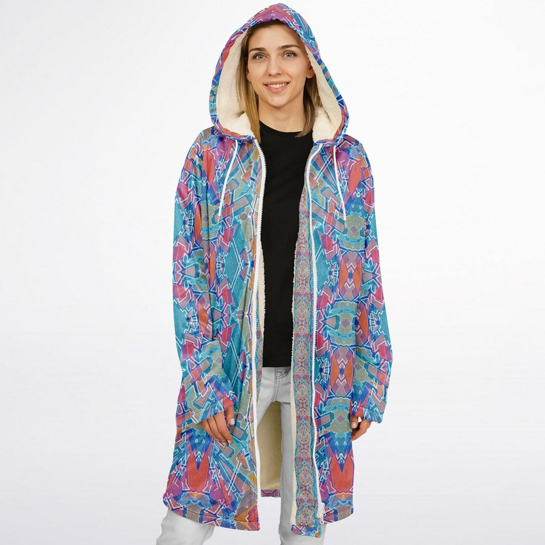 Electric Totem Cuddle Coat | Unisex Minky Sherpa Lined Coat with Hood, Zipper and Pockets | Women and Mens Festival Coat | Mountain Fashion