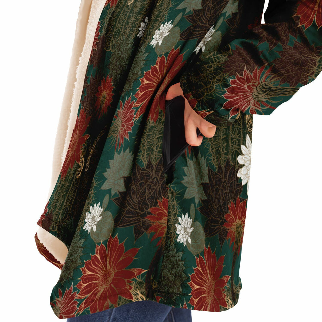 Desert Flowers Cuddle Cloak | Green Red | Unisex Minky Sherpa Lined Hooded Coat | Women and Mens Festival Coat | Mountain Fashion