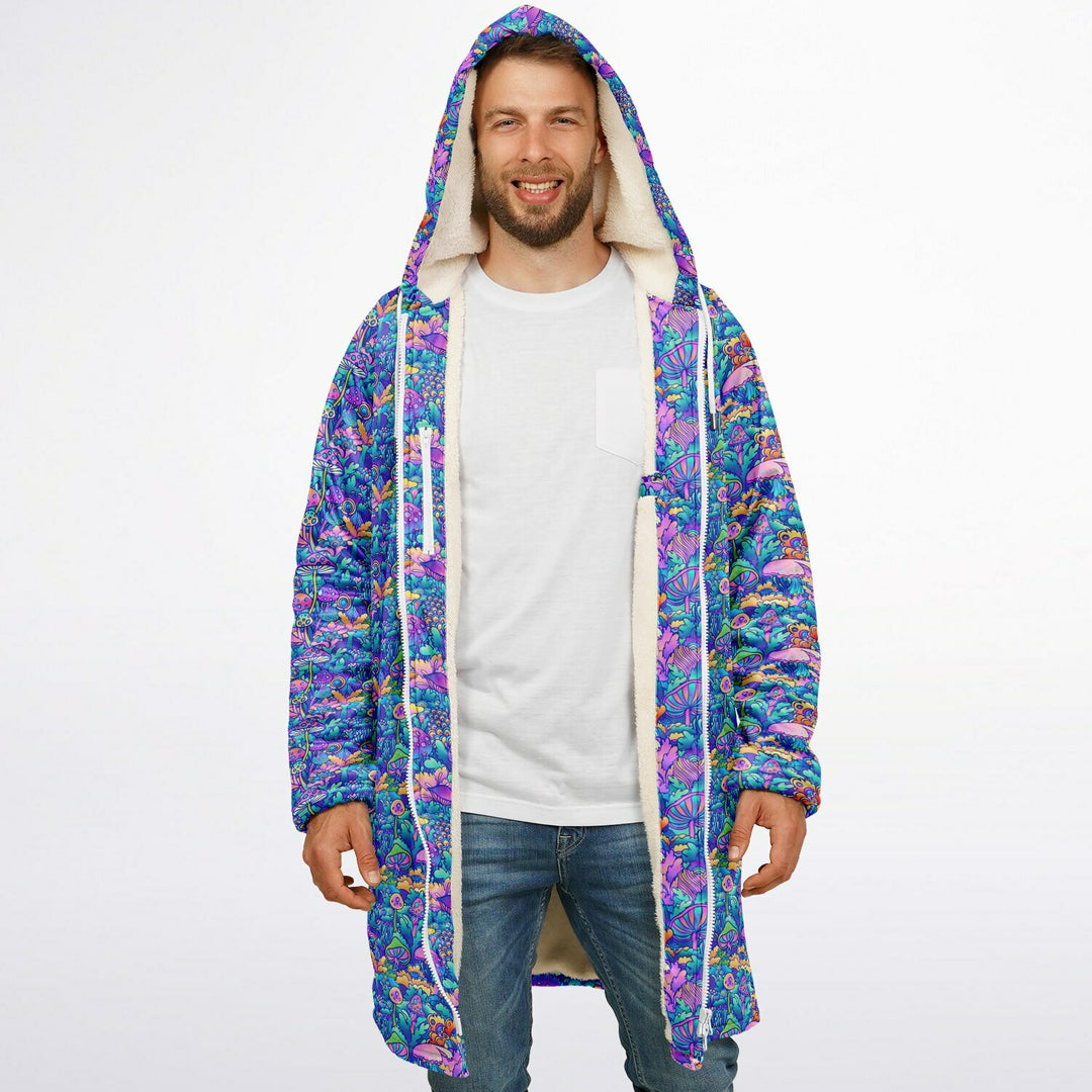 Psychedelic Mushrooms Cuddle Coat | Unisex Minky Sherpa Lined Coat with Hood, Zipper and Pockets | Women and Mens Festival Coat | Mountain Fashion