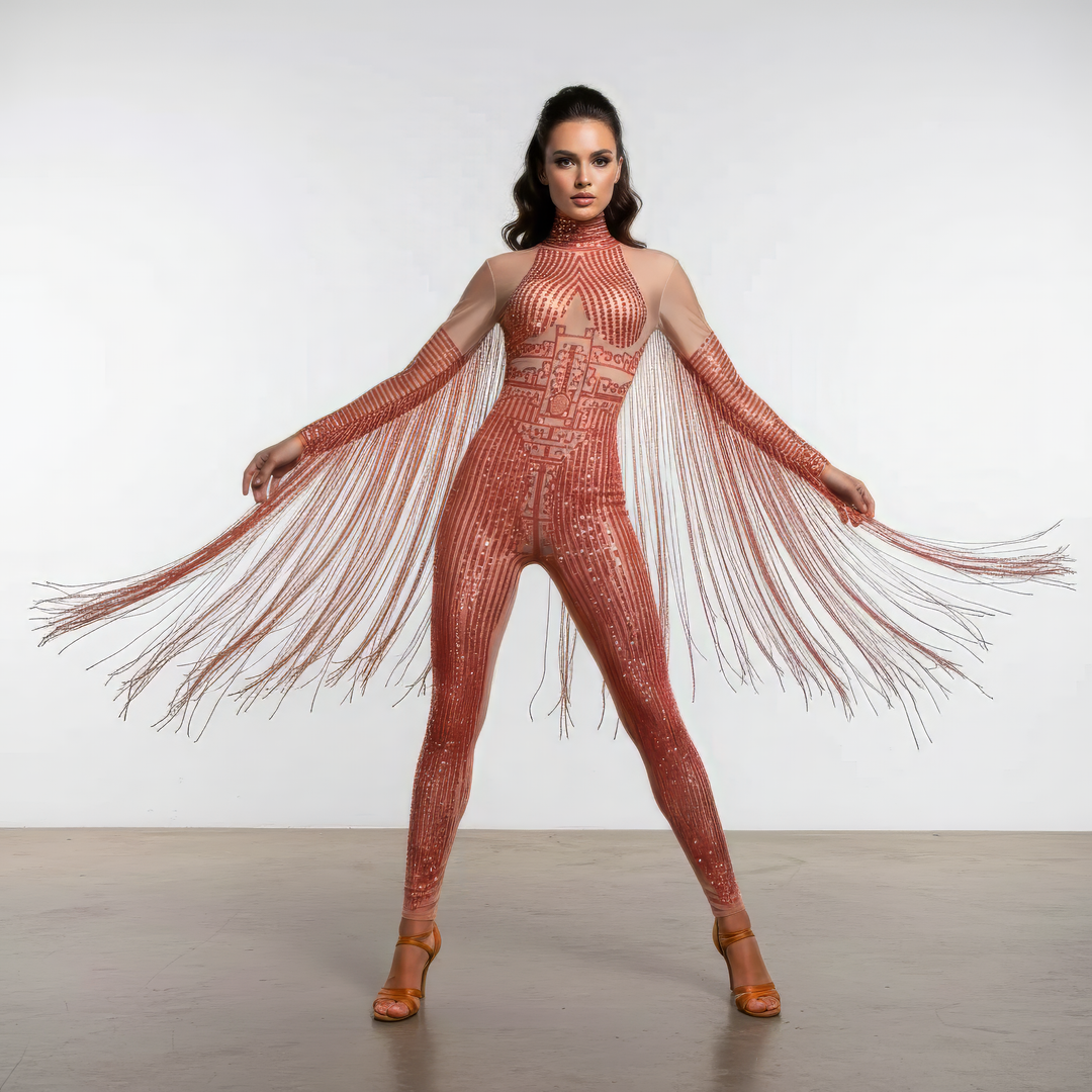Pele Rhinestone Bodysuit | Red Fringe Festival &amp; Stage Jumpsuit – Manifestie