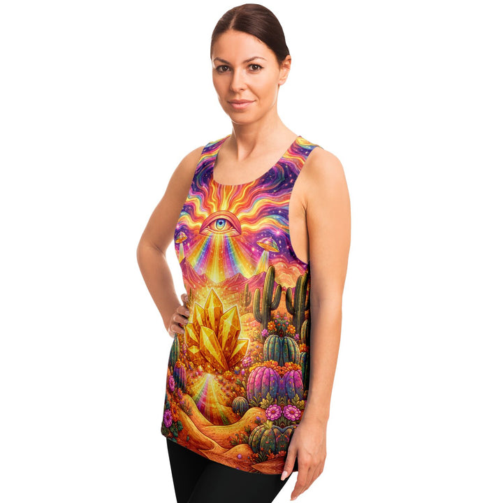 Psychedelic Desert Eye Tank Top – Festival Rave Shirt with Gold Crystal &amp; Cosmic Print