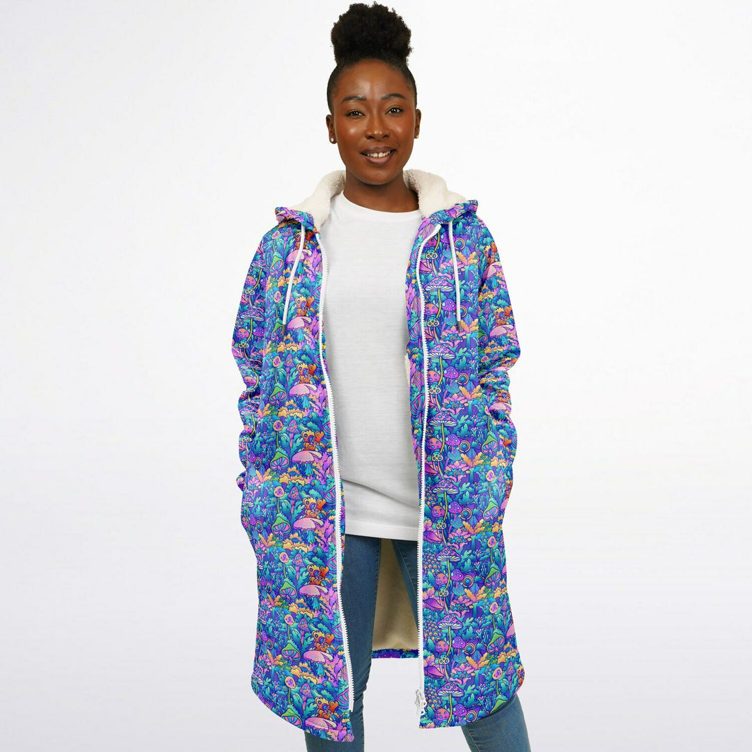 Psychedelic Mushrooms Cuddle Coat | Unisex Minky Sherpa Lined Coat with Hood, Zipper and Pockets | Women and Mens Festival Coat | Mountain Fashion