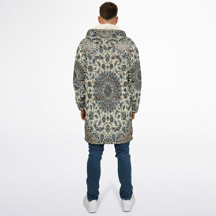 Classic Persian Carpet Cuddle Coat | Nain, Cream and Soft Blue | Unisex Minky Sherpa Lined Coat with Hood, Zipper and Pockets | Women and Mens Festival Coat | Mountain Fashion