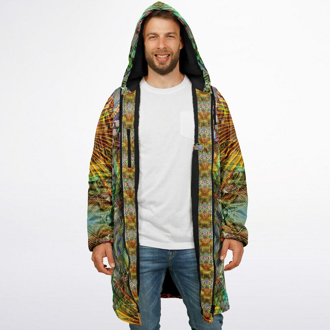 Lotus Guardian Cuddle Coat | Unisex Minky Sherpa Lined Coat with Hood, Zipper and Pockets | Women and Mens Festival Coat | Mountain Fashion