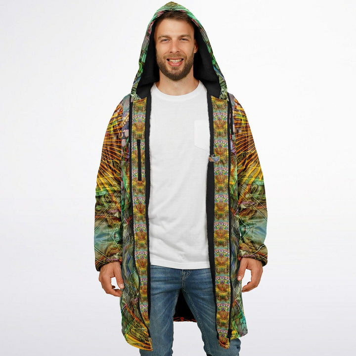Lotus Guardian Cuddle Coat | Unisex Minky Sherpa Lined Coat with Hood, Zipper and Pockets | Women and Mens Festival Coat | Mountain Fashion