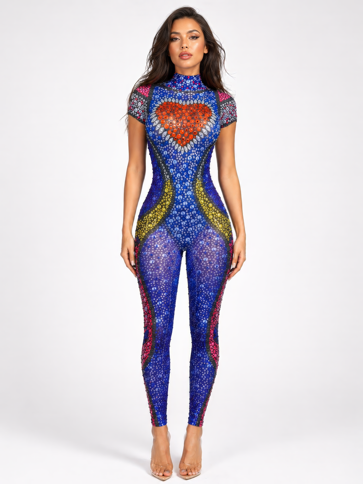 Heartthrob Rhinestone Bodysuit – Blue Crystal Heart Rave Festival Catsuit