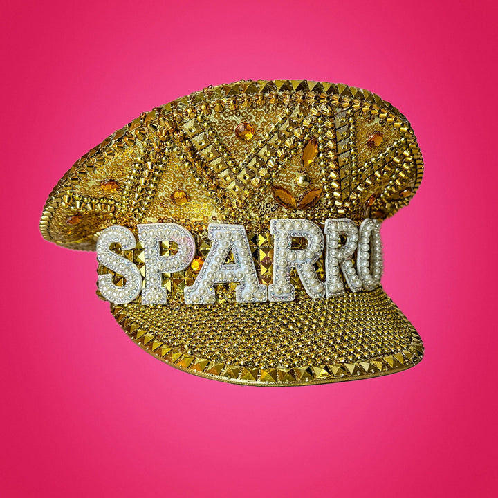 Personalized Gold Rhinestone Hat / Sequin Hat / Party Captain Hat / Festival Hat, Burning Man Rave Hat, Birthday Hat, Custom Hat