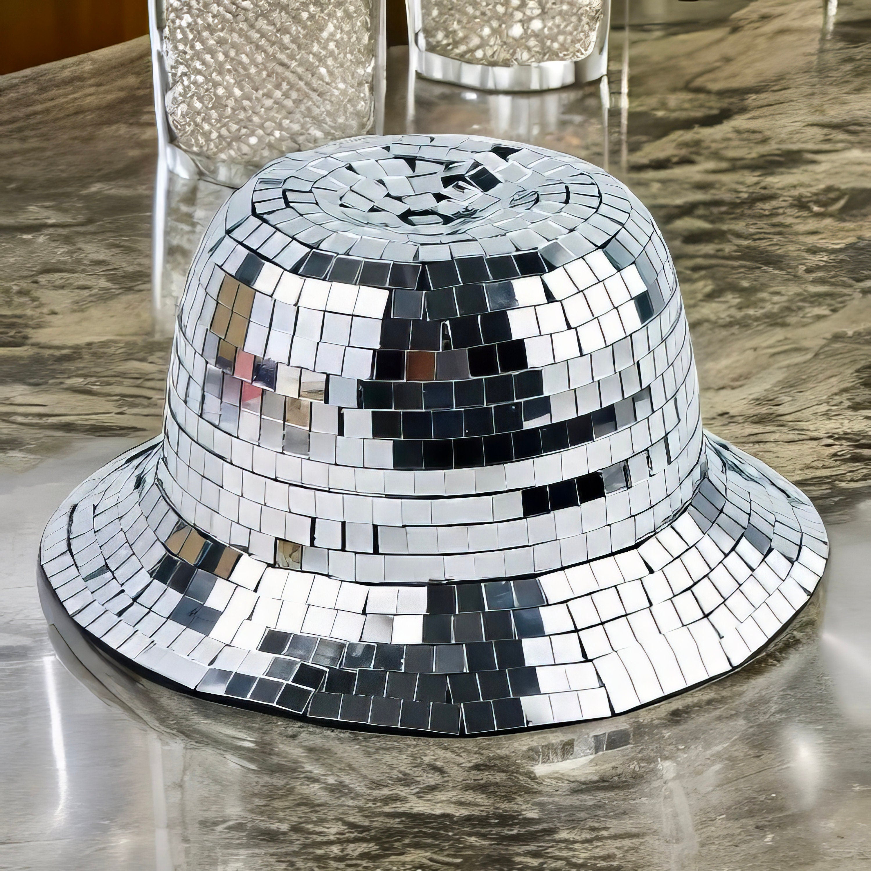 Disco Ball Bucket Hat / Glass Silver Disco Tiles / Sequin Hat / Party Hat / Festival Hat, Burning Man Hat, EDC Hat, Rave Hat / Birthday Hat
