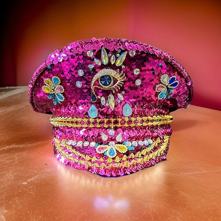 3rd Eye Pink Rhinestone Hat, Valentines Day Jazz Fest Hat, Party Captain Hat, Sequin Festival Hat, Rave Hat, Birthday Hat, Custom Phrase Hat