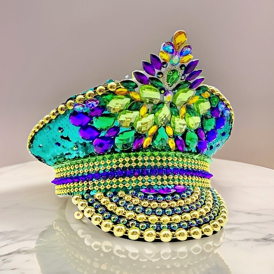 Teal, Purple, Gold Mardi Gras Rhinestone Hat, Jazz Fest Hat, Party Captain Hat, Sequin Festival Hat, Rave Hat, Birthday Hat, Custom Word Hat