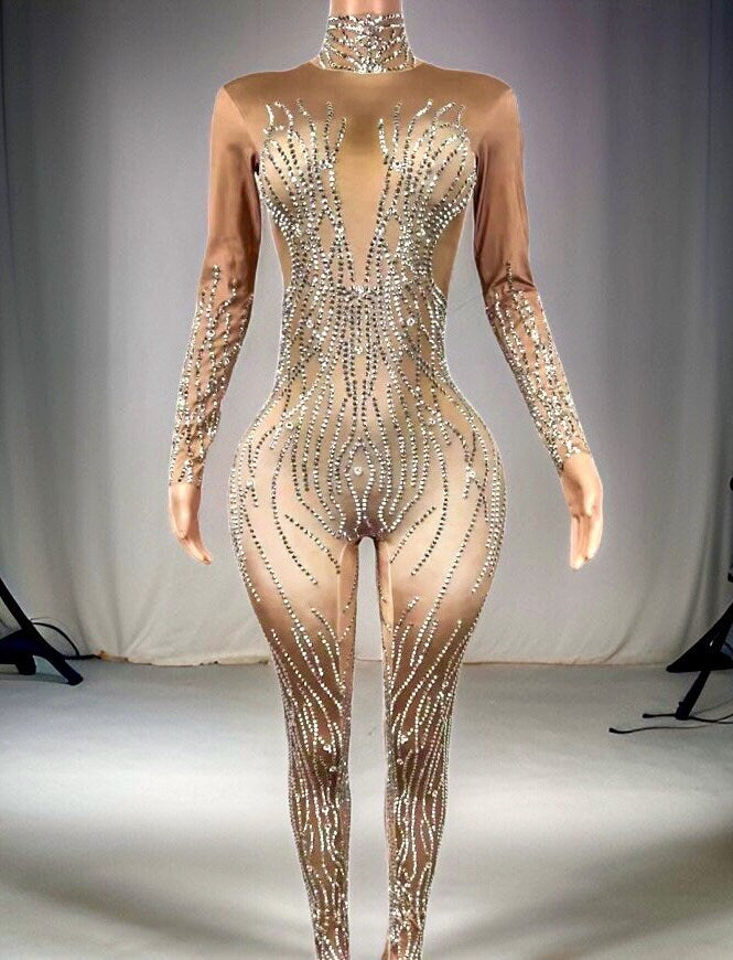 Crystal Rhinestone Jumpsuit / Silver Nude Diamond Bodysuit / Sparkly Britney Spears Costume Festival Catsuit / Disco Dance Performer Outfit