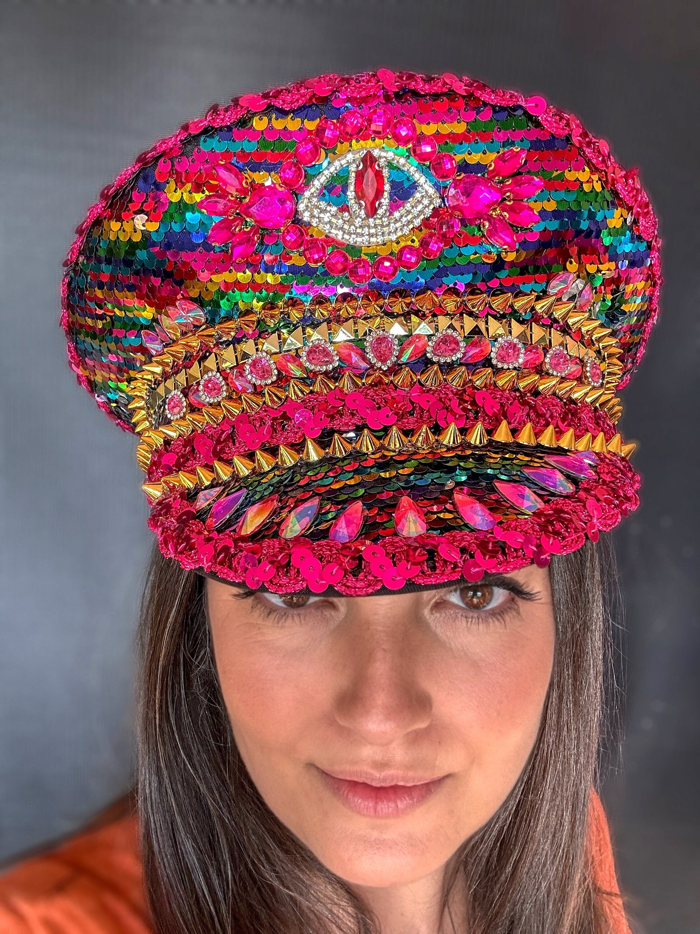 3rd Eye Pink Rainbow Rhinestone Hat, Jazz Fest Hat, Party Captain Hat, Sequin Festival Hat, Rave Hat, Birthday Hat, Custom Phrase Hat