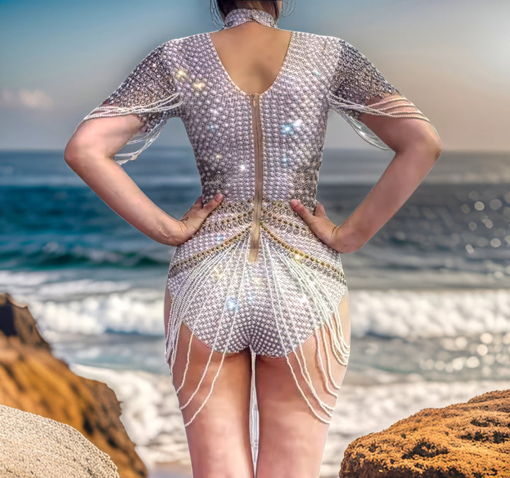 Pearl Rose Rhinestone Luxury Bodysuit / Festival Wedding Costume / Crystal Catsuit / Dance Performer Leotard, Boudoir Photography Costume