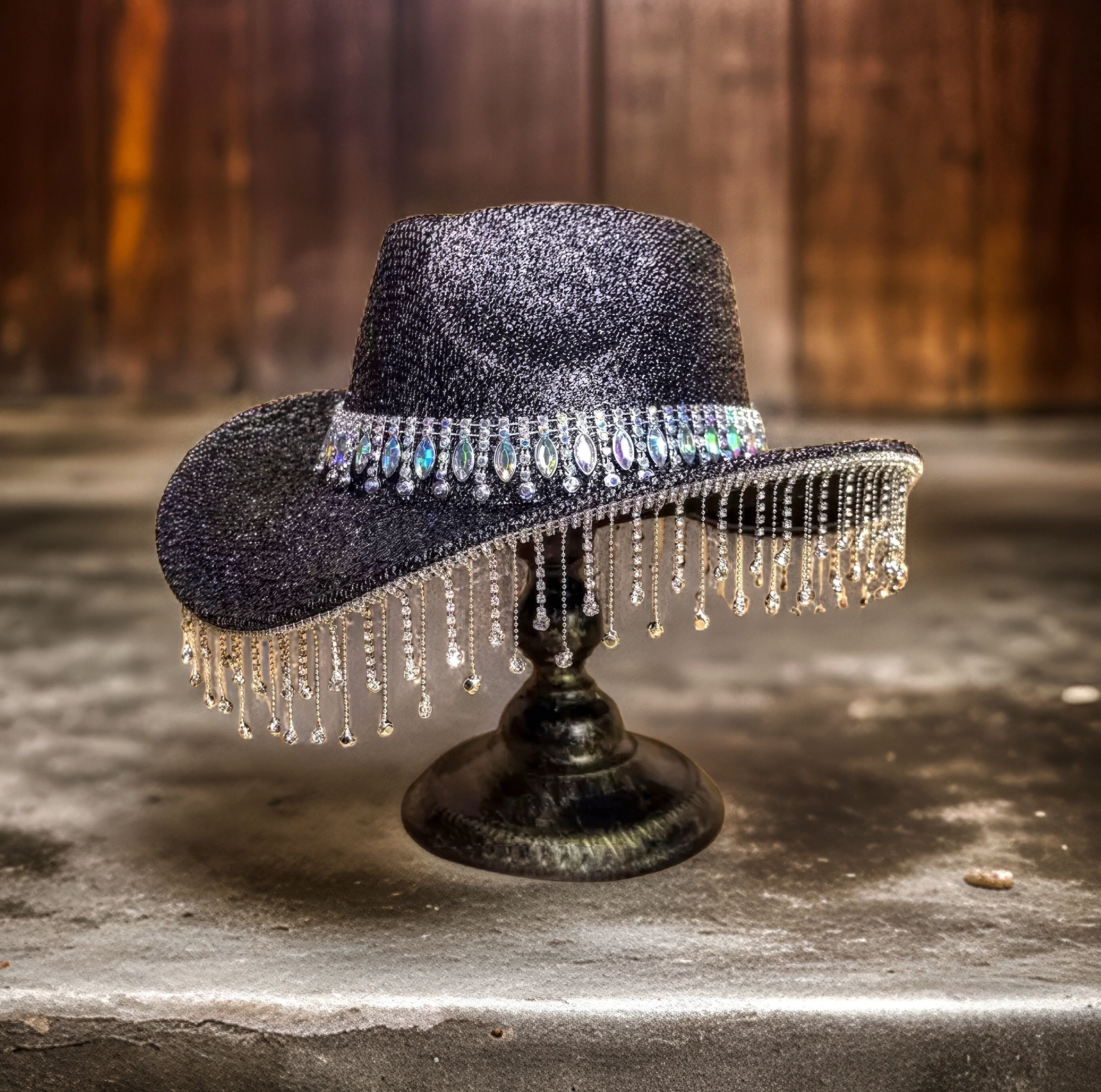 Black Cowboy Hat with Rhinestone Tassels, Concert Hat, Felt Hat, Rave Hat, Bachelorette Birthday Hat, Rodeo Hat, Festival Hat, Bride Hat