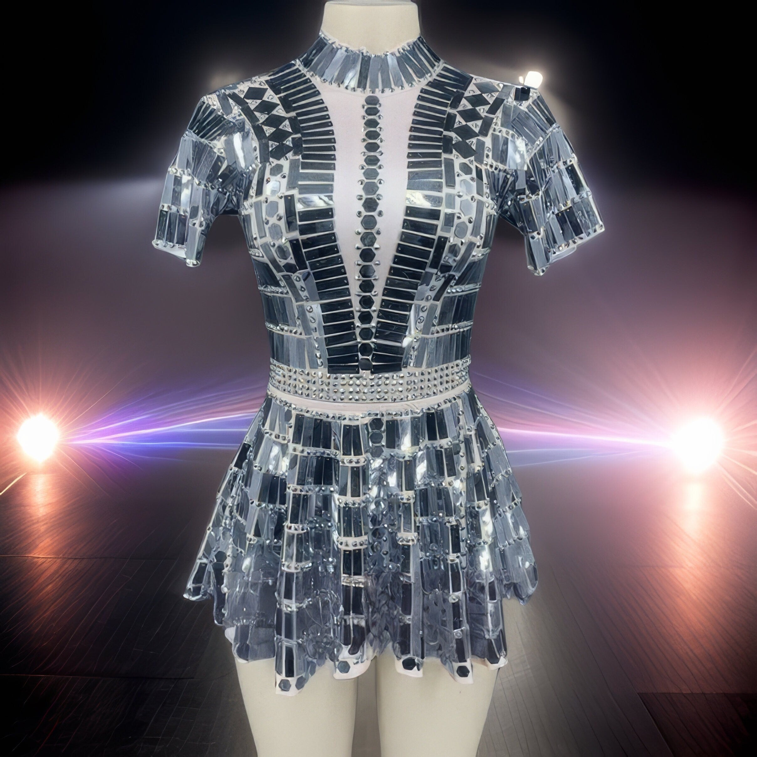 Electra Reflective Sequins Party Dress, Silver leotard & skirt, Futuristic Reflective Festival Outfit, Disco Dance Costume, Mirror Bodysuit