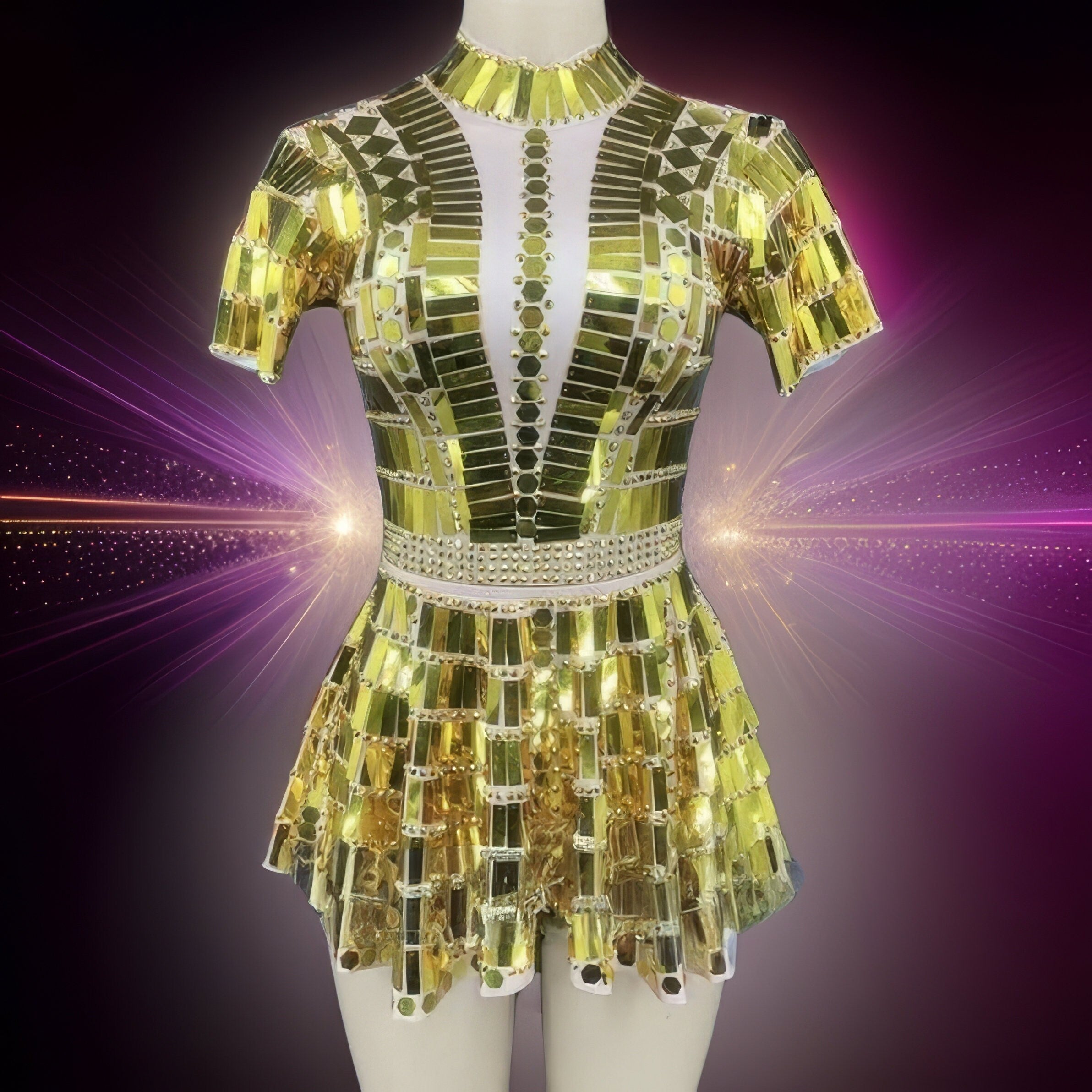 Electra Reflective Sequins Party Dress / Gold leotard and skirt, Futuristic Reflective Festival Outfit, Disco Dance Costume, Mirror Bodysuit