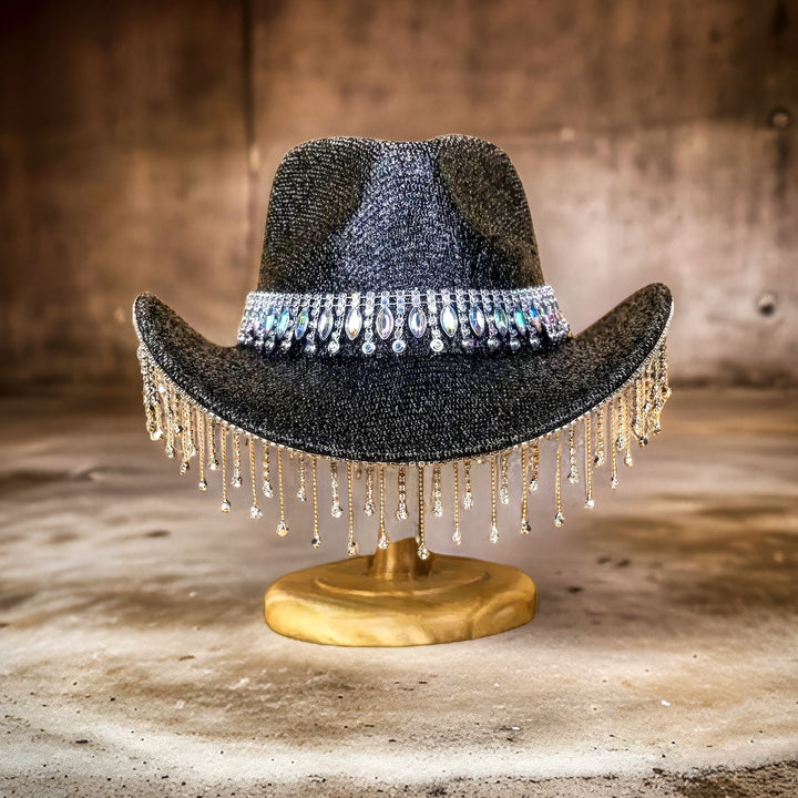 Black Cowboy Hat with Rhinestone Tassels, Concert Hat, Felt Hat, Rave Hat, Bachelorette Birthday Hat, Rodeo Hat, Festival Hat, Bride Hat