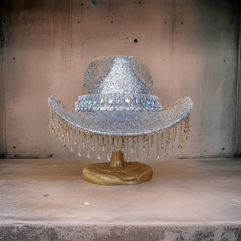 Silver Cowboy Hat with Rhinestone Tassels, Concert Hat, Felt Hat, Rave Hat, Bachelorette Birthday Hat, Rodeo Hat, Festival Hat, Bride Hat