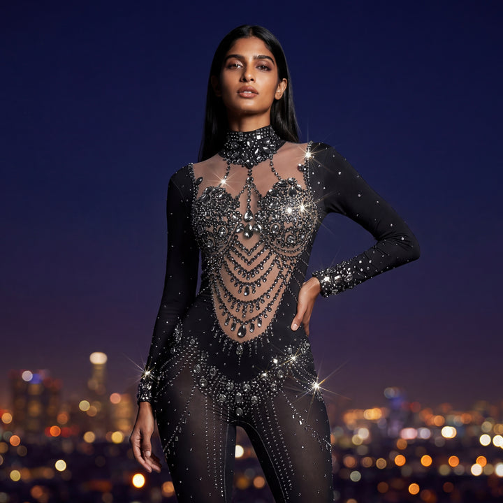 Jasmine Rhinestone Bodysuit | Black + Silver Diamond Crystal Jumpsuit &amp; Festival Rave Catsuit – Manifestie