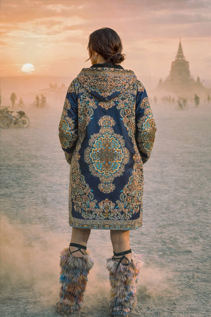 Classic Persian Cuddle Coat | Qom, Blue and Gold | Unisex Minky Sherpa Lined Coat with Hood, Zipper and Pockets | Women and Mens Festival Coat | Mountain Fashion