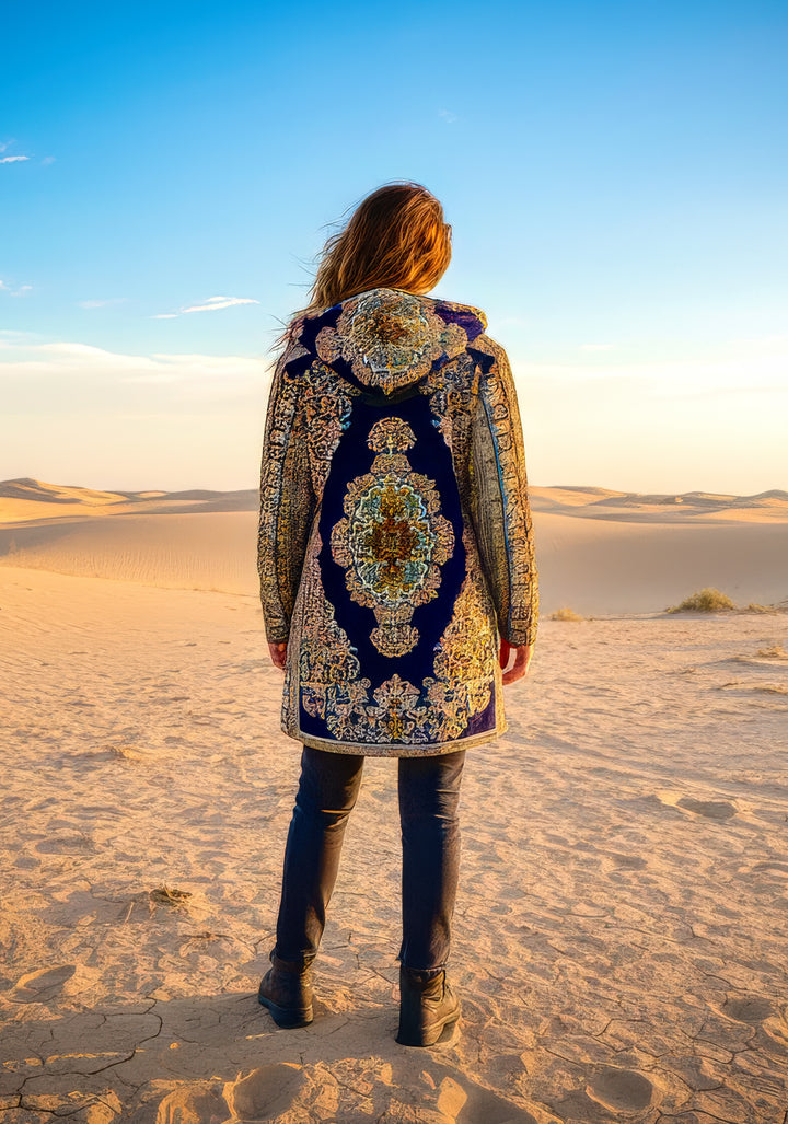 Classic Persian Carpet Cuddle Cloak | Qom, Blue and Gold | Unisex Minky Sherpa Hooded Coat | Women and Mens Festival Coat | Mountain Fashion