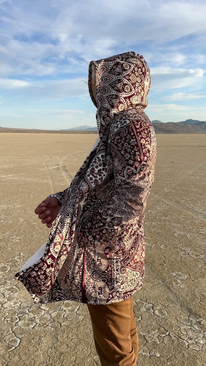 Classic Red Persian Carpet Cuddle Cloak | Unisex Minky Sherpa Lined Hooded Coat | Women and Mens Festival Coat | Mountain Fashion
