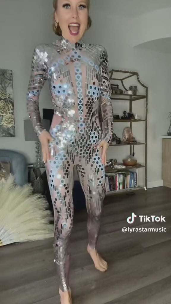 Trinity Reflective Sequins Jumpsuit / Nude Tomorrowland Bodysuit Rave / Futuristic Festival / Halloween Catsuit / Burning Man Mirror NYE Costume